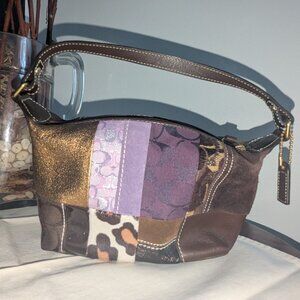 Coach signature patchwork multi-color (purple, browns) leather mini hobo bag